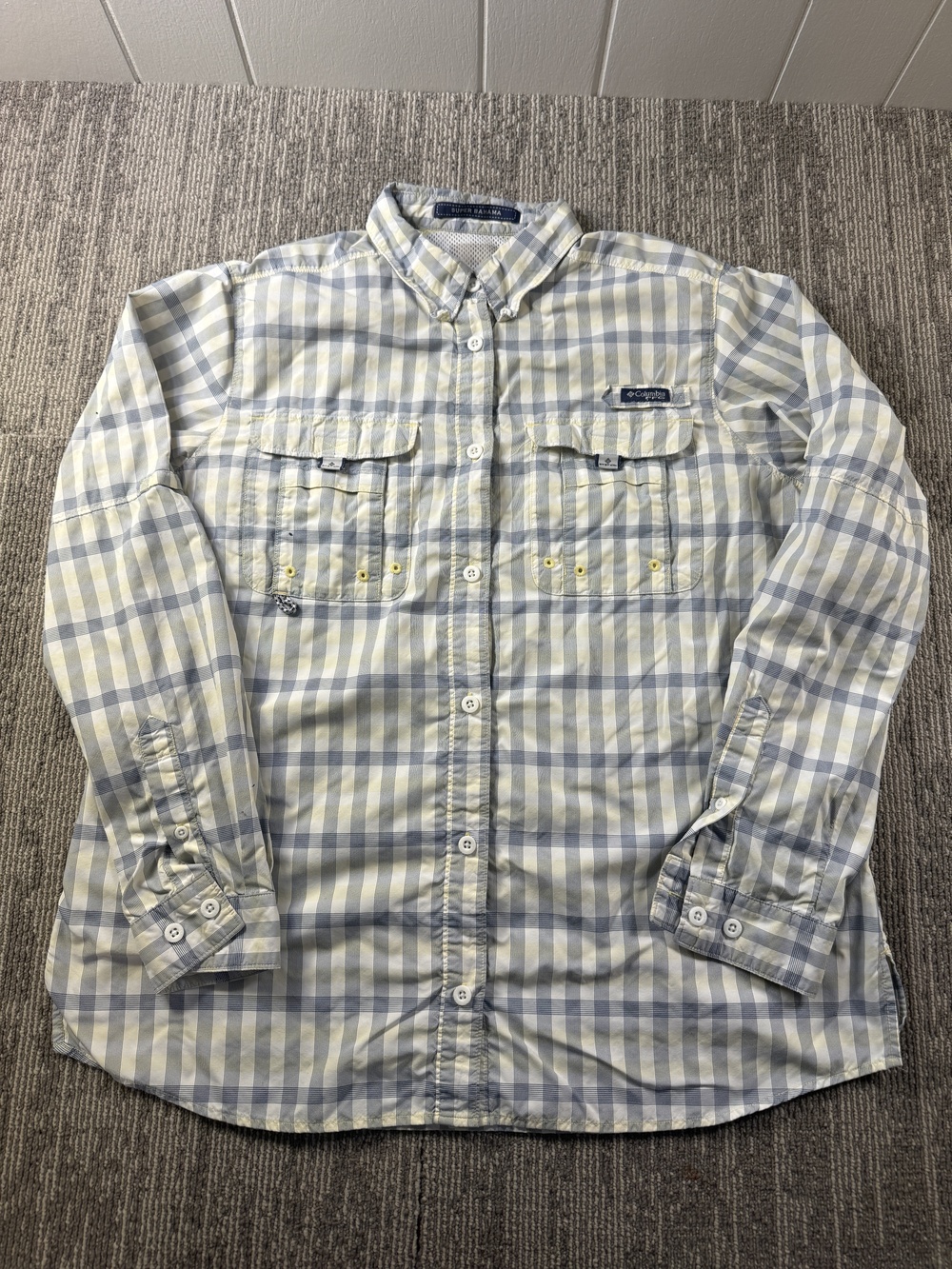 Columbia PFG Super Bahama Shirt Mens Large Blue Plaid Long Sleeve Fishing